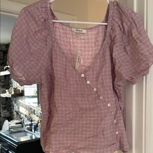 Madewell Pink Puff Sleeve Asymmetrical Blouse